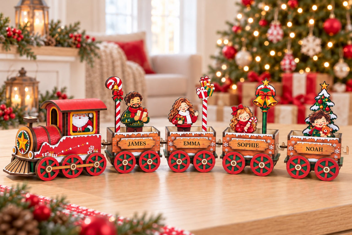 Complete M43 Christmas wooden train with Santa and four wagons named James, Emma, Sophie and Noah in a bright festive home