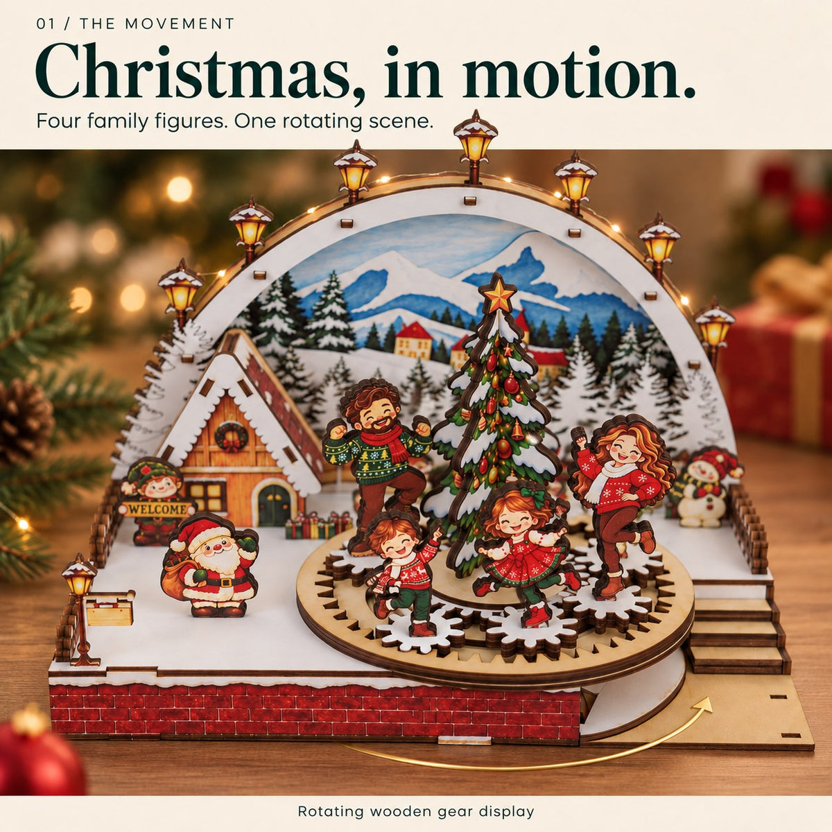Christmas in motion: four upright family figures on the wooden carousel gear ring