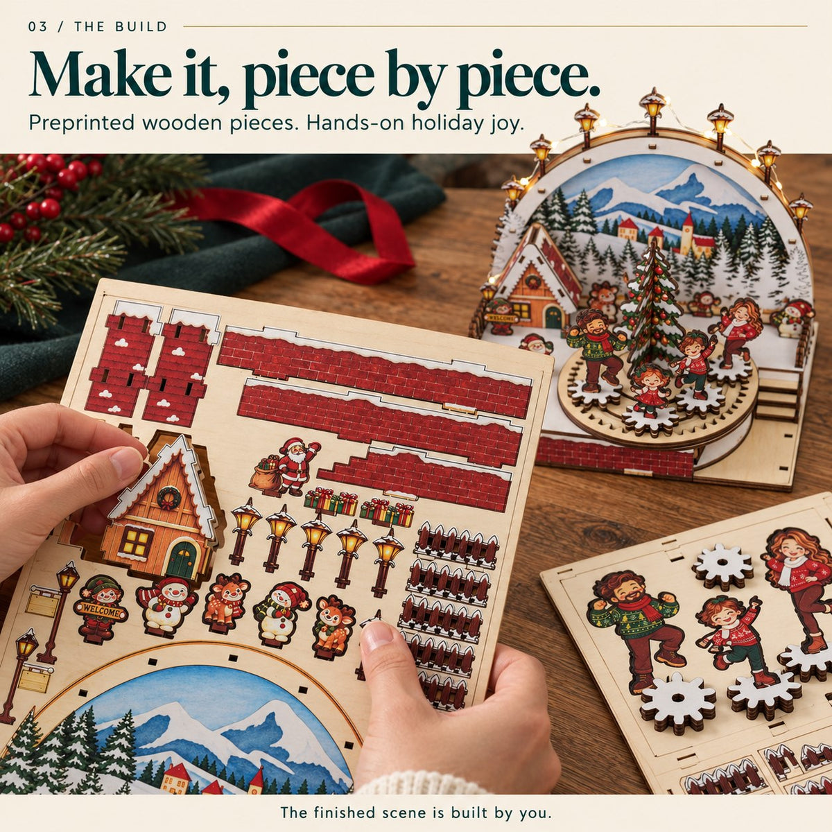 Hands holding the actual preprinted wooden scene sheet beside the assembled Christmas family carousel