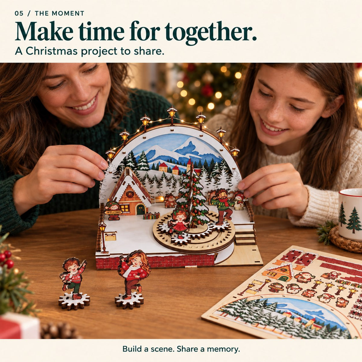 A woman and an older child sharing the assembly of the Christmas wooden scene at a table