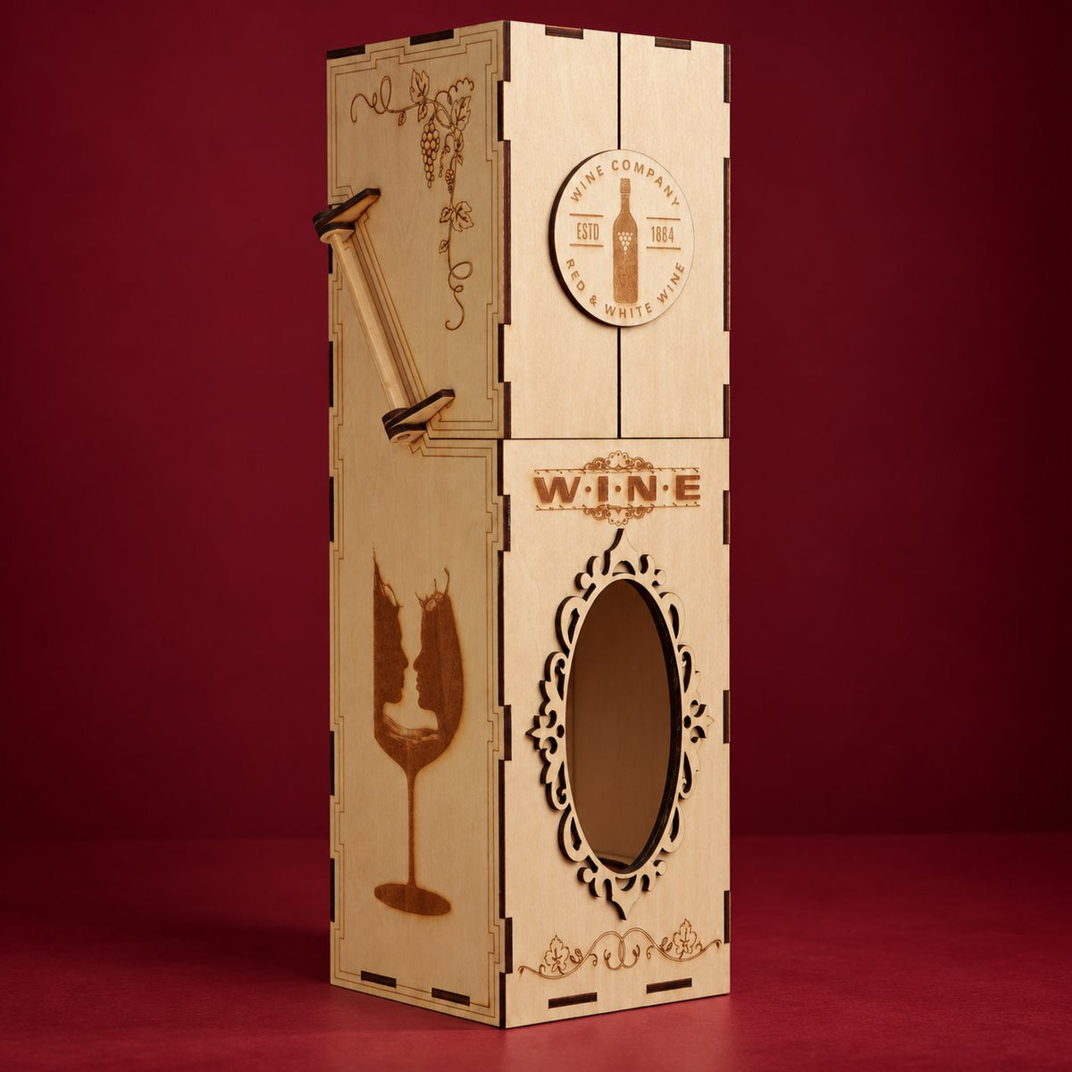 Closed Wing-Door Wooden Wine Presentation Box with engraved medallion and folded side linkage on a rich burgundy background