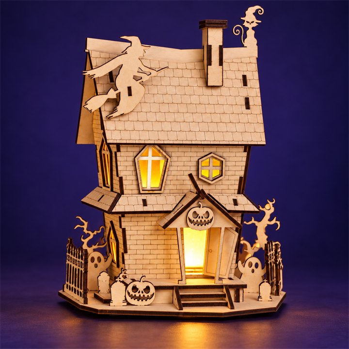 Haunted Cottage Wooden Night Light Kit on a colorful studio background, full product view with warm golden lighting