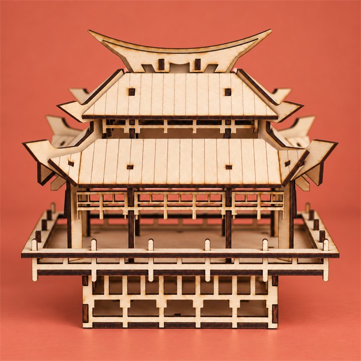 Moonlit Pagoda Wooden Model Kit on a colorful studio background, full product view