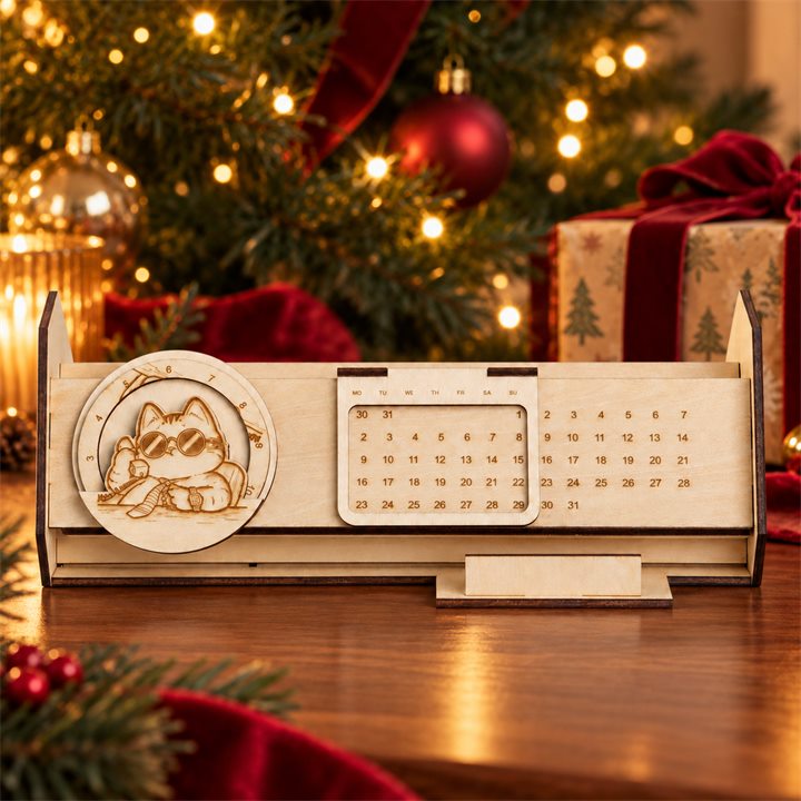 Wooden cat desk calendar with its engraved cat dial and date slider in a Christmas setting