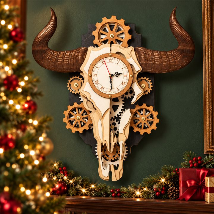 Wooden bull skull gear clock on a green wall above a Christmas garland