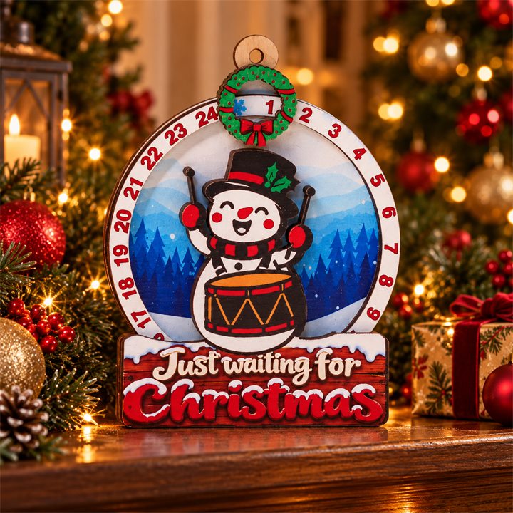Snowman drummer wooden Christmas countdown plaque with evergreen, ornaments and warm festive lights