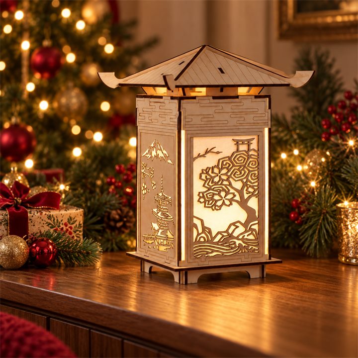 Wooden pagoda lantern glowing beside a Christmas tree and festive gifts