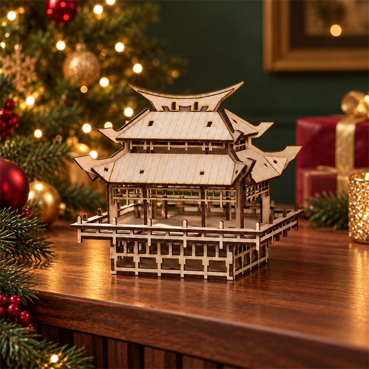 Moonlit wooden pagoda displayed with Christmas tree lights and wrapped presents