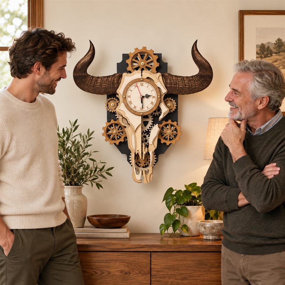 An adult son sharing a wooden bull skull gear clock with his father