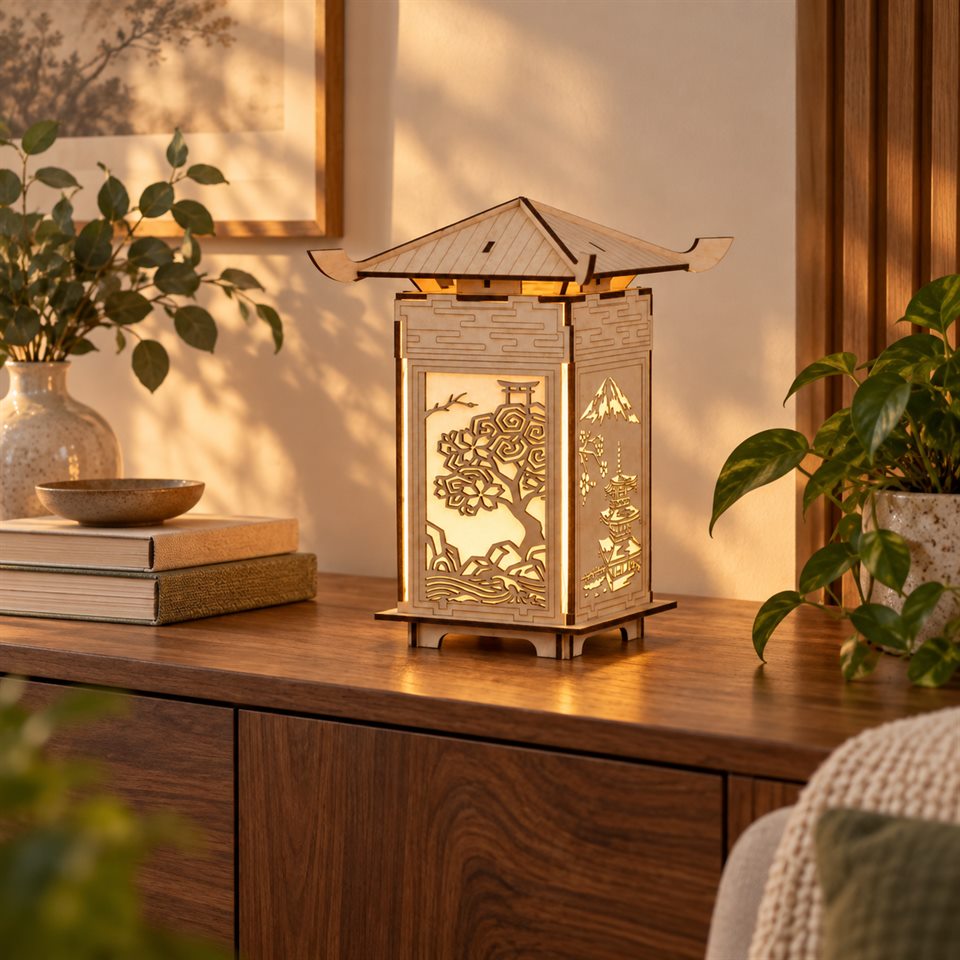 A wooden pagoda lantern displayed on a sideboard in a warm reading nook