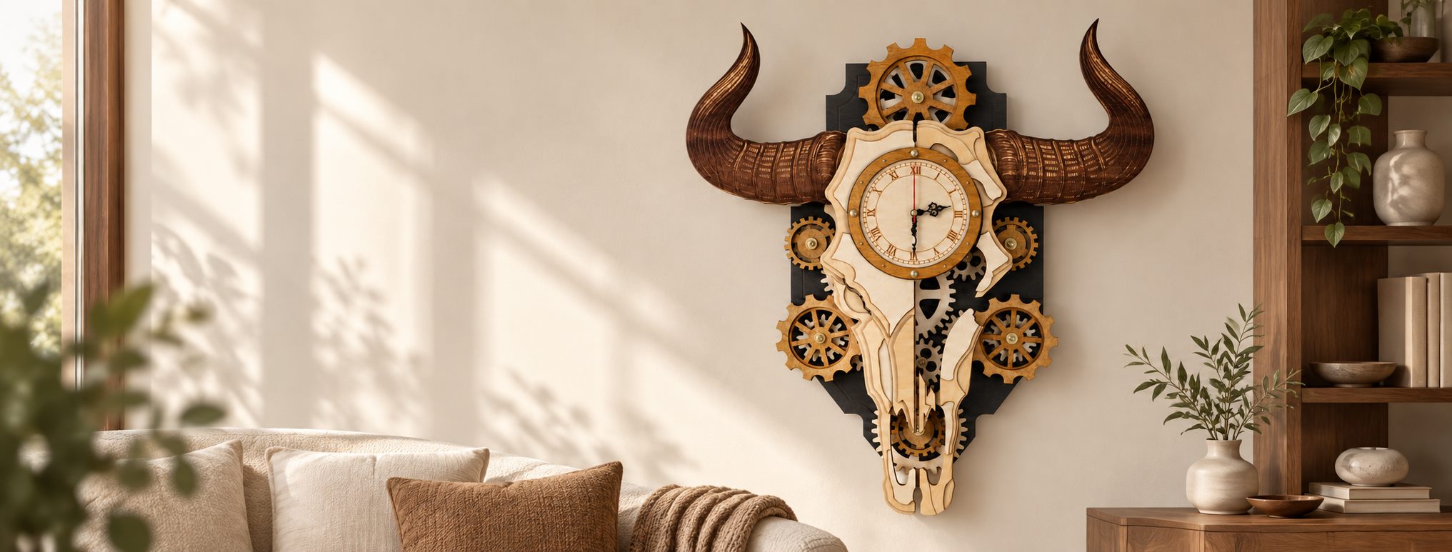 AI-generated wide lifestyle image of the wooden bull skull gear clock on a cream wall
