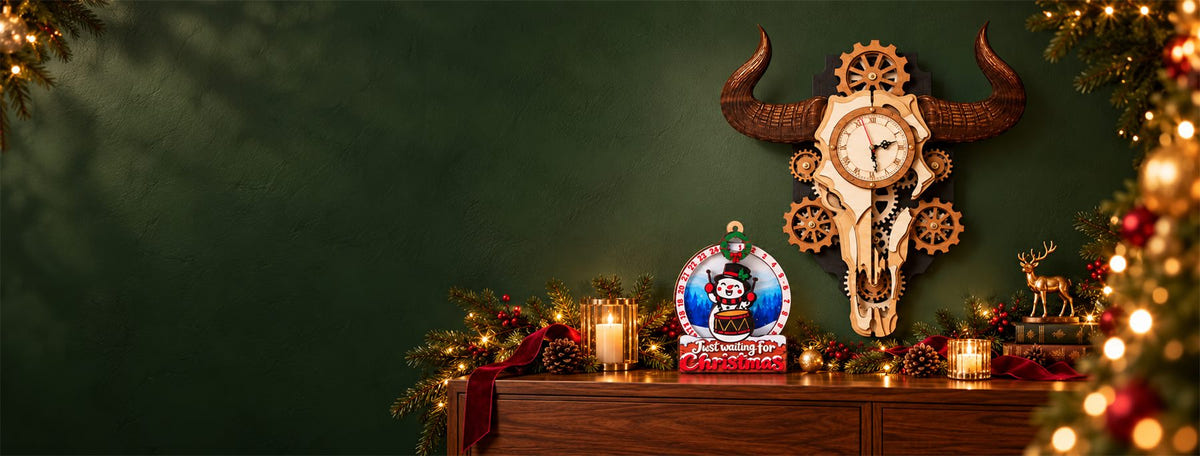 Wooden bull skull gear clock and Christmas countdown plaque with festive greenery and lights