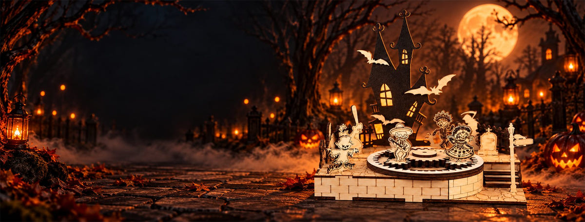 Wooden Gothic tower and miniature Halloween figures in a lantern-lit forest