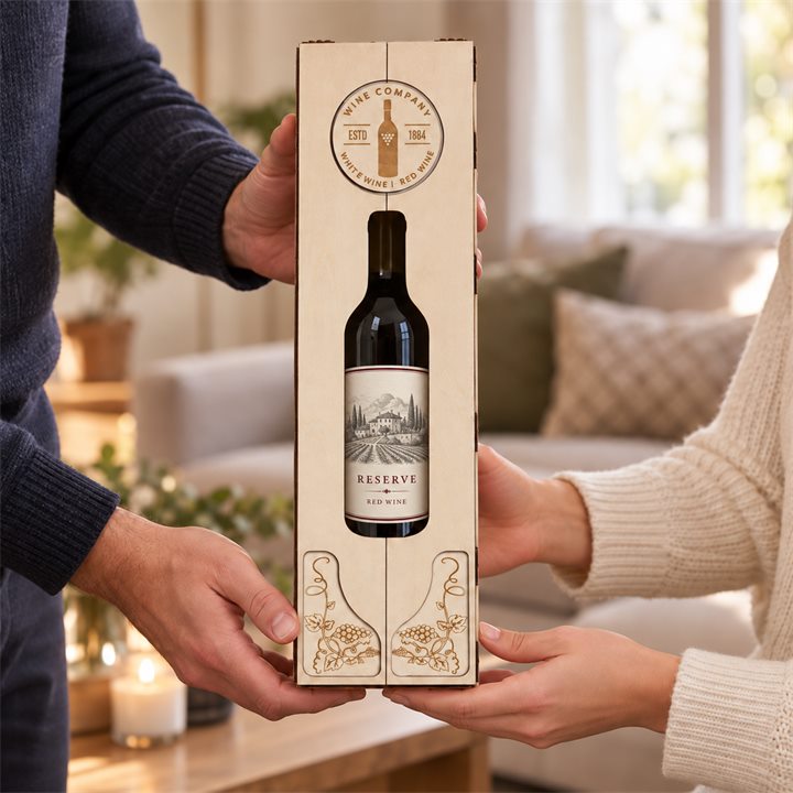 Two adults exchanging an engraved double-door wooden wine box with an elegant cream label visible on the wine bottle