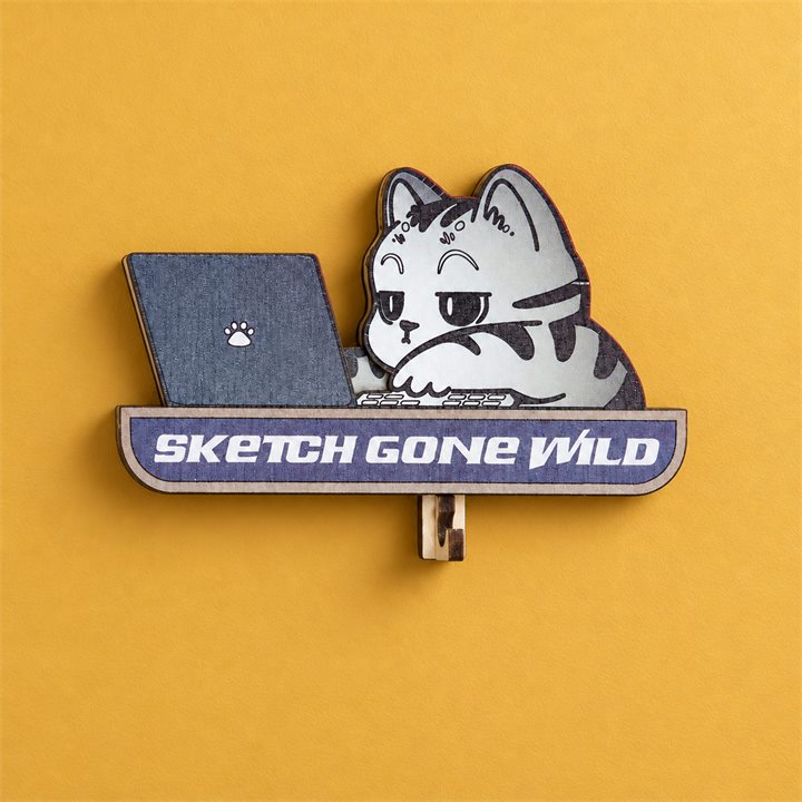 Waving Gray Tabby Wooden Key Holder on a golden mustard wall