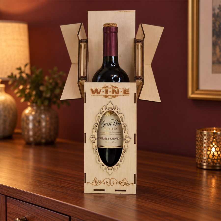 Wing-Door Wooden Wine Presentation Box — On display at home