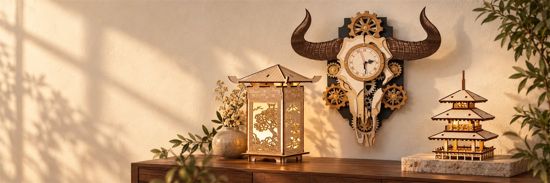 A wooden bull skull gear clock, pagoda lantern and three-tier pagoda displayed in a warm room