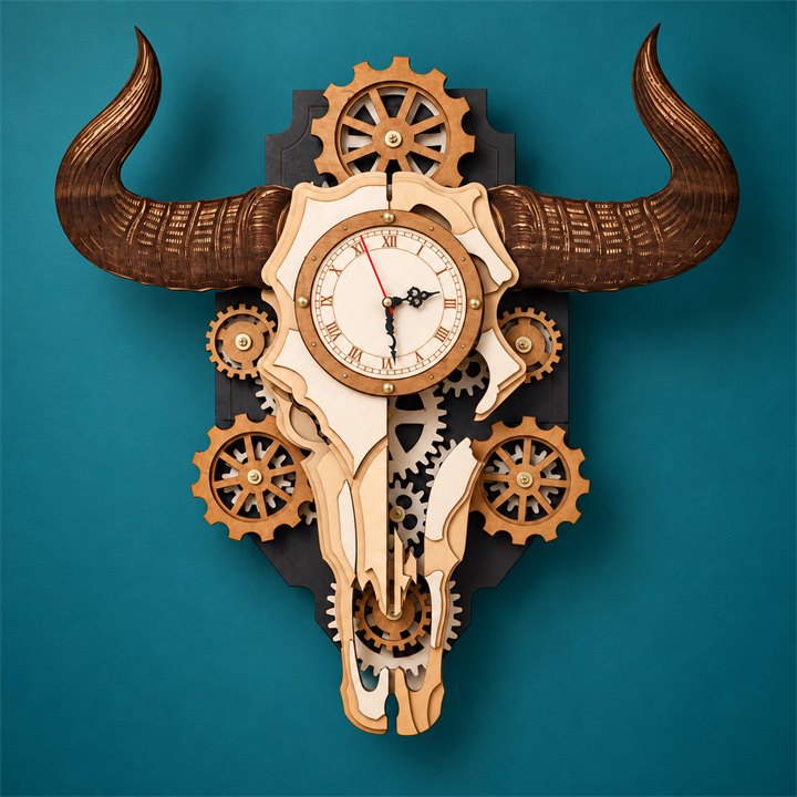 Wooden Bull Skull Gear Clock Kit on a colorful studio background, full product view