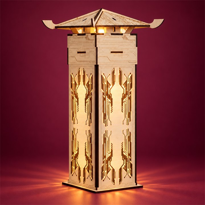 Faceted Wooden Lantern DIY Kit on a colorful studio background, full product view with warm golden lighting