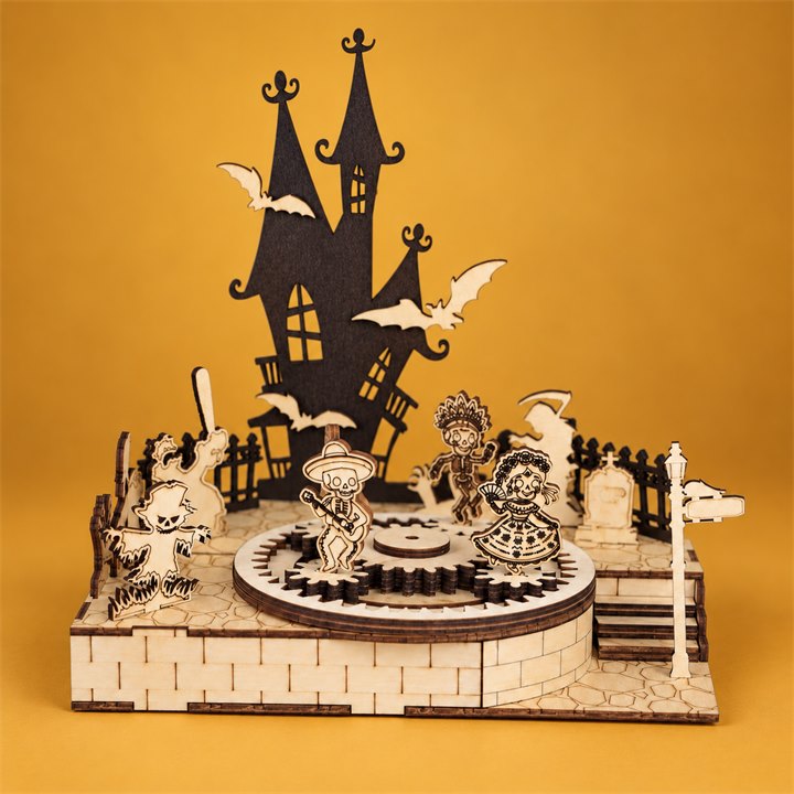Gothic Tower Wooden Model Kit on a colorful studio background, full product view