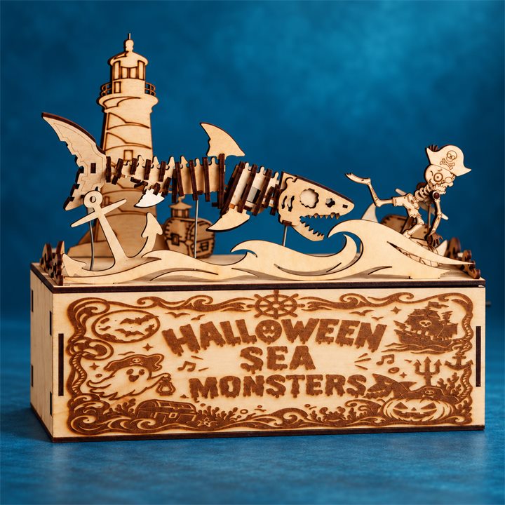 Halloween Sea Monsters Wooden DIY Model on a colorful studio background, full product view