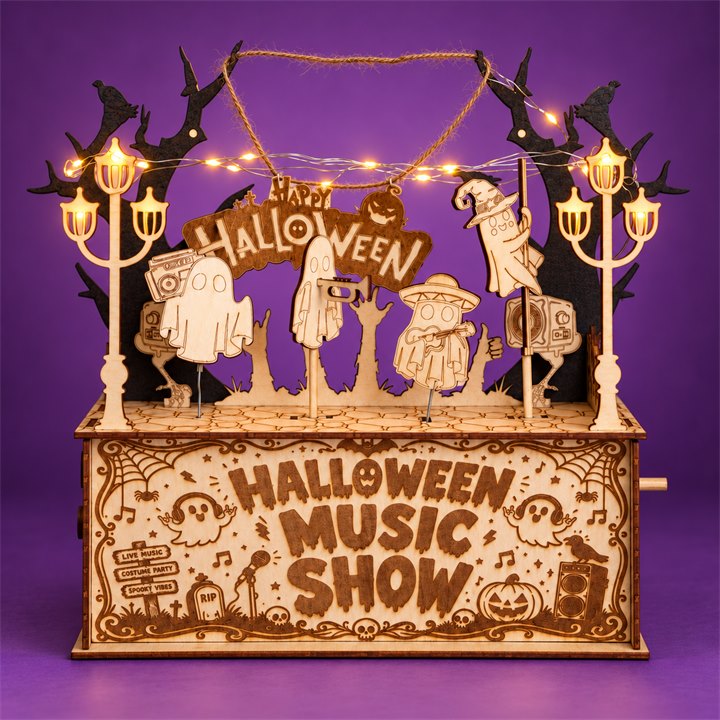 Halloween Show Wooden DIY Model Kit on a colorful studio background, full product view with warm golden lighting