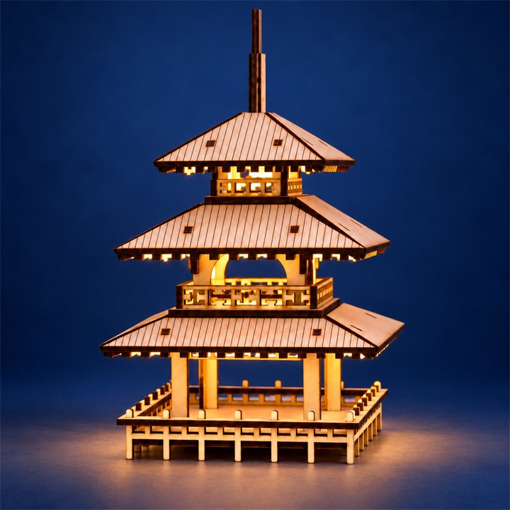 Three-Tier Pagoda Wooden Model Kit on a colorful studio background, full product view with warm golden lighting