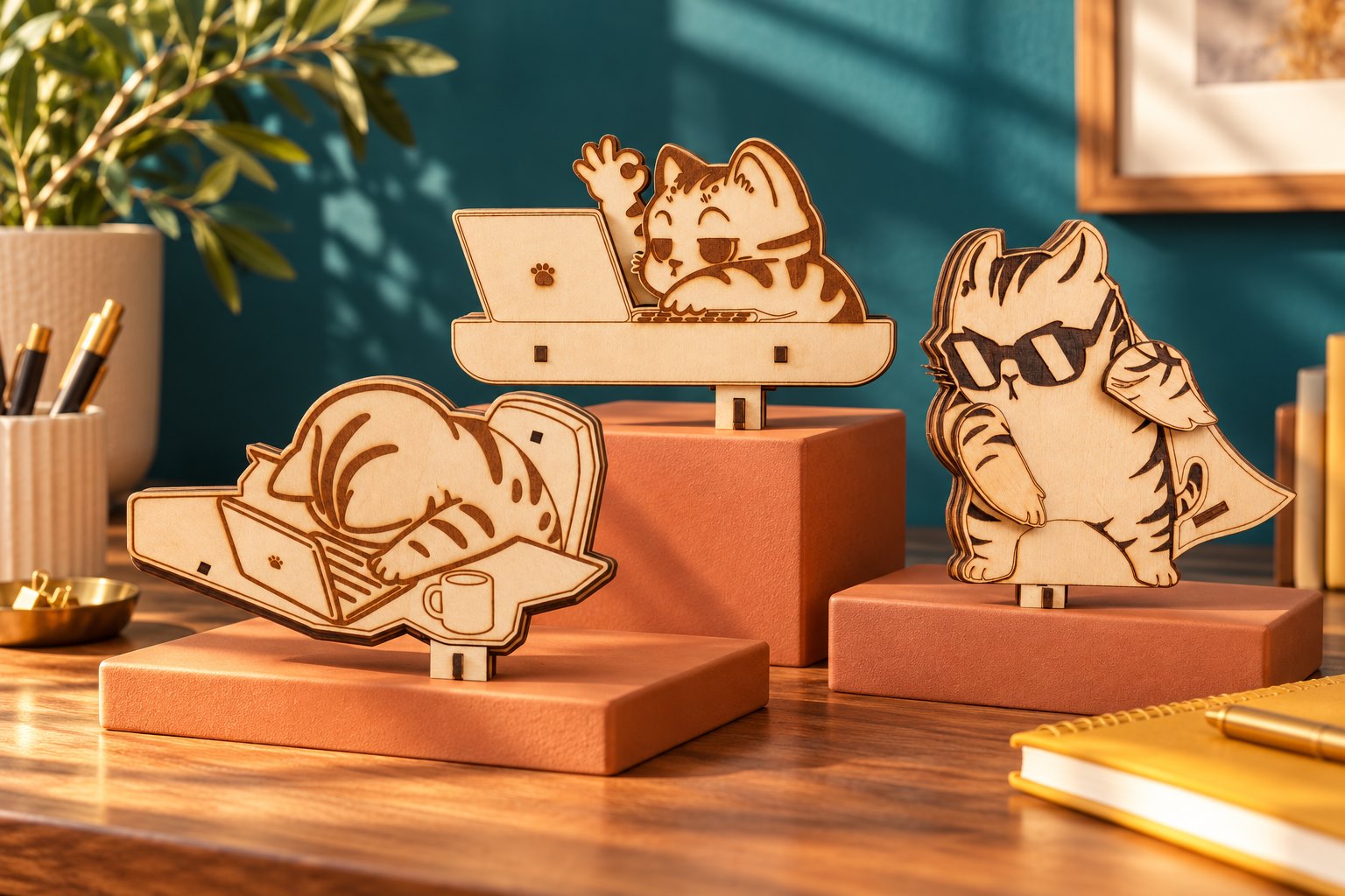 Three wooden cat models, sleeping, waving and superhero, displayed on terracotta steps in a sunlit teal workspace