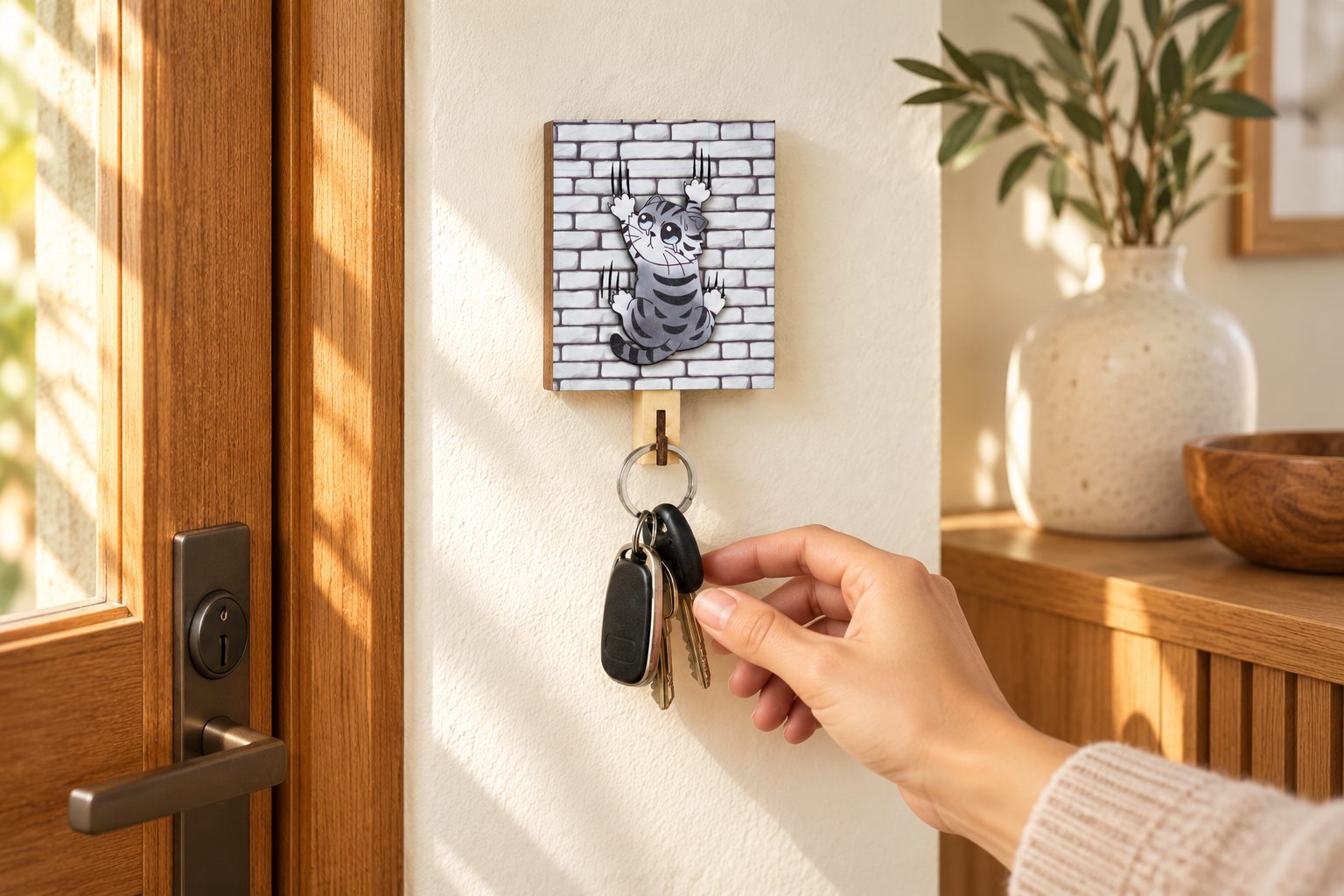 Climbing Cat Wooden Key Holder styled in a warm home setting