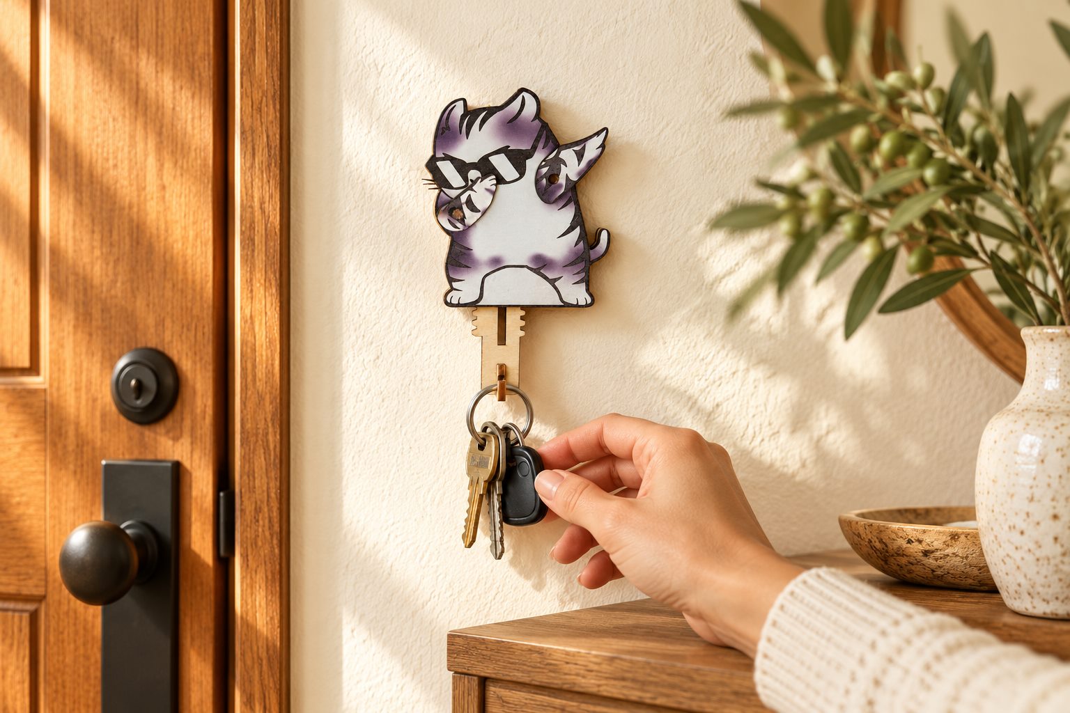 Dabbing Gray Tabby Wooden Key Holder styled in a warm home setting
