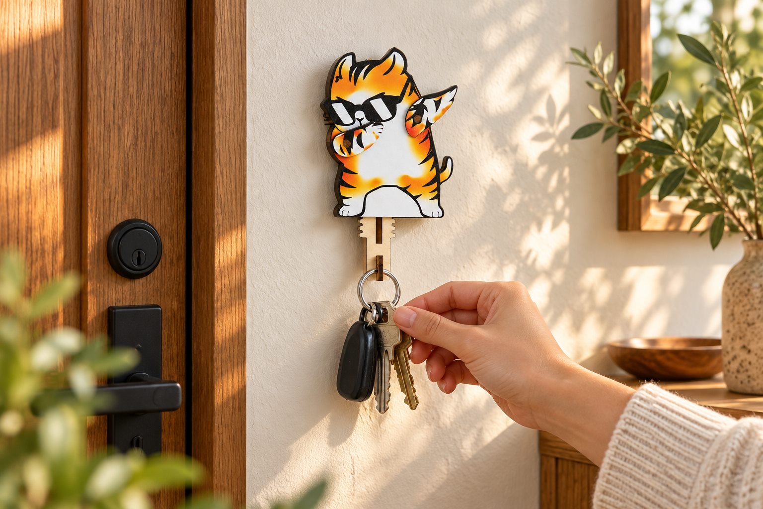 Dabbing Orange Tabby Wooden Key Holder styled in a warm home setting