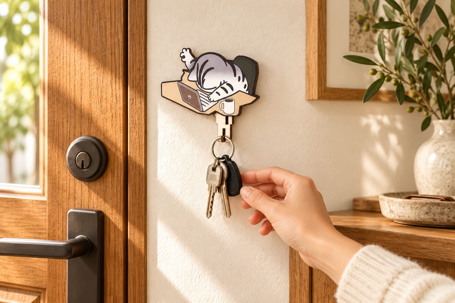 Sleepy Gray Tabby Wooden Key Holder styled in a warm home setting