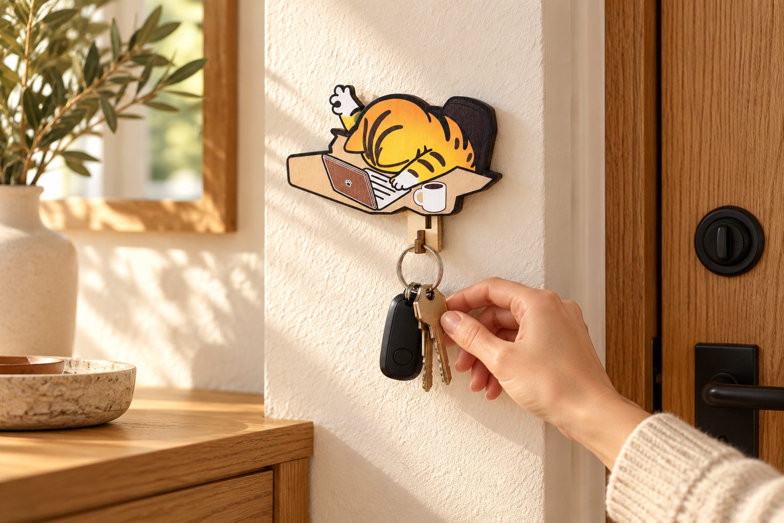 Sleepy Orange Tabby Wooden Key Holder styled in a warm home setting