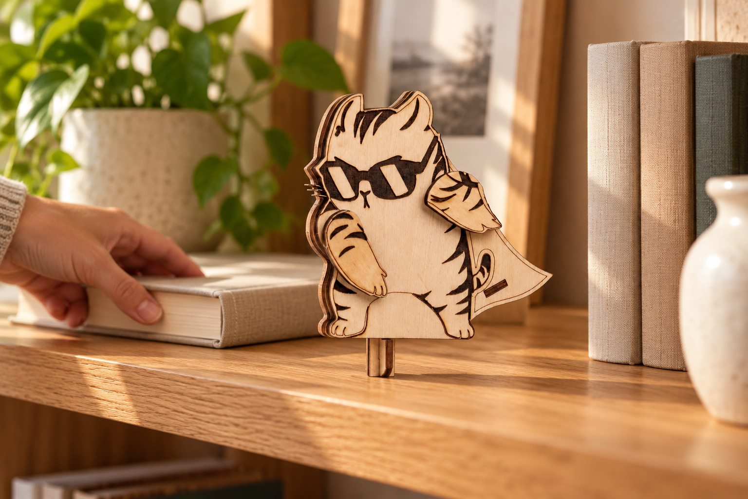 Superhero Cat Wooden Puzzle Sculpture styled in a warm home setting