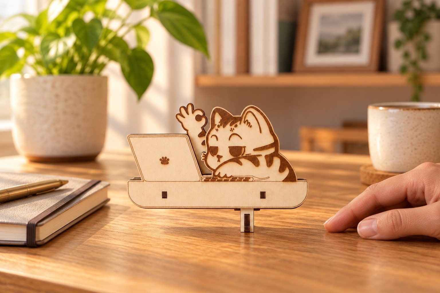 Waving Cat Wooden Desk Model Kit styled in a warm home setting