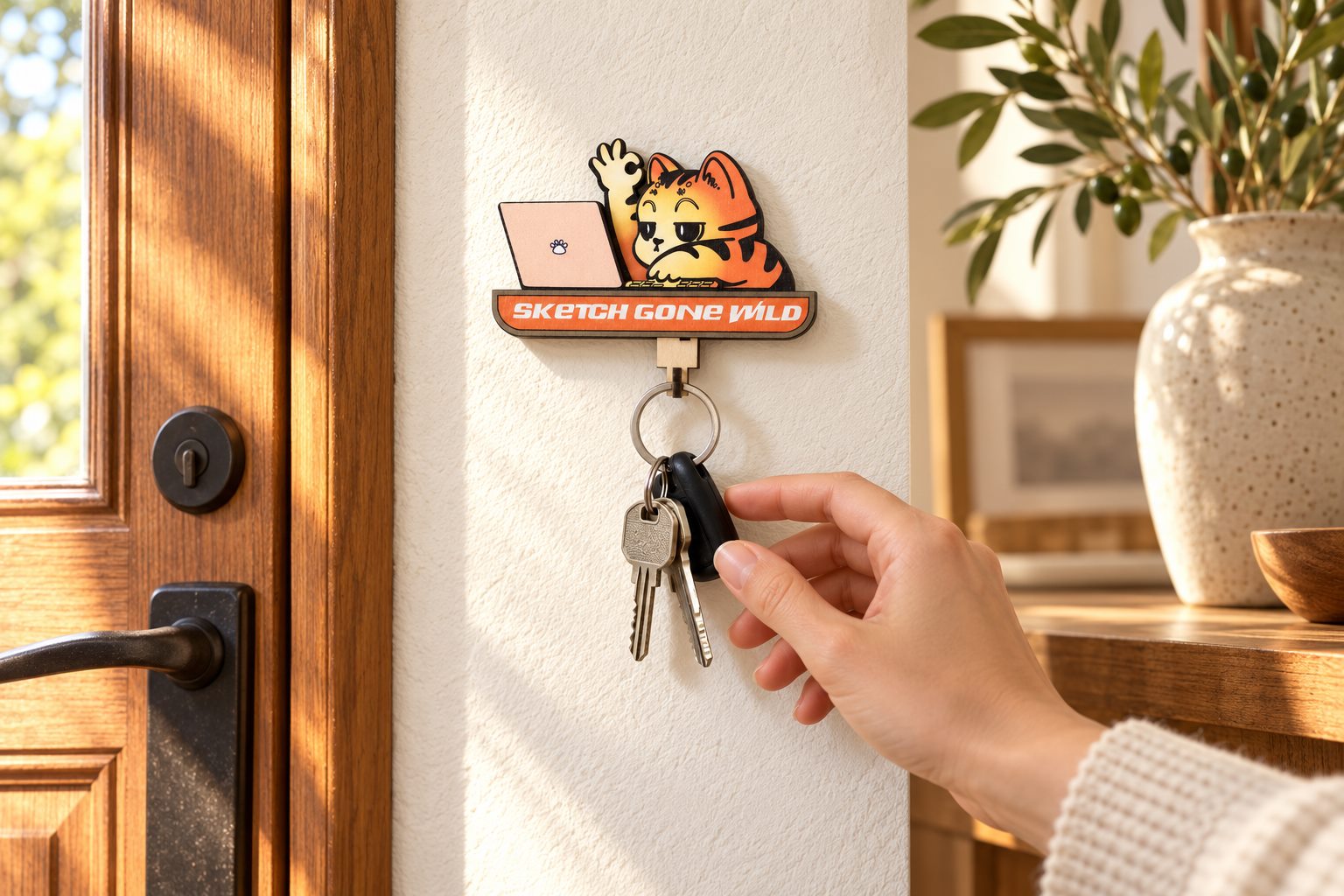 Waving Orange Tabby Wooden Key Holder styled in a warm home setting