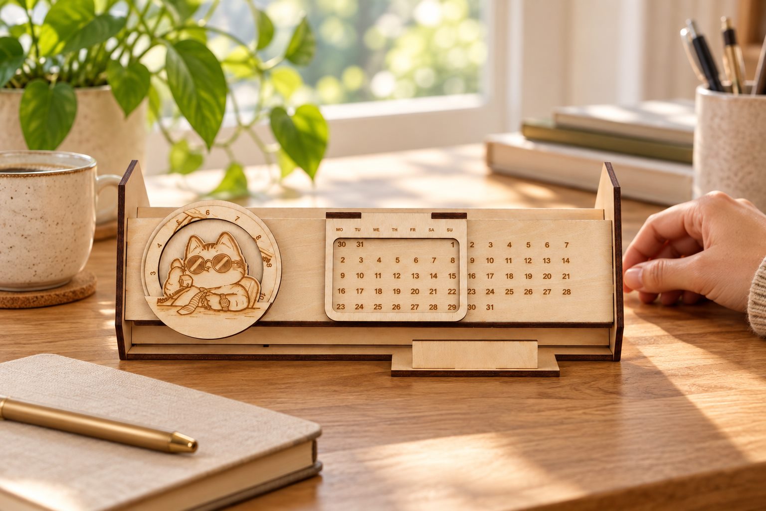 Wooden cat desk calendar in a warm home office
