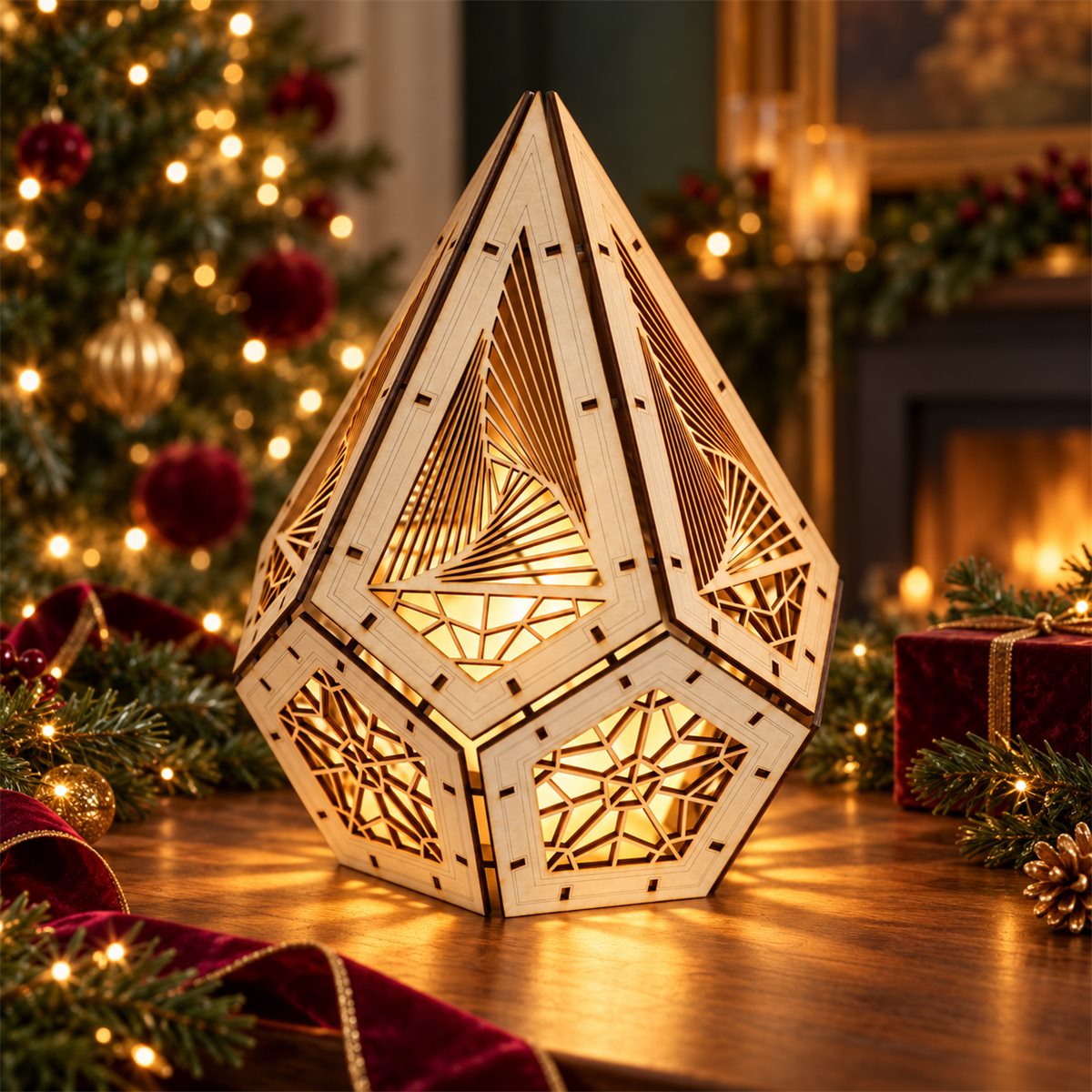 Celtic Knot Geometric Wooden Lantern Kit in a Christmas setting