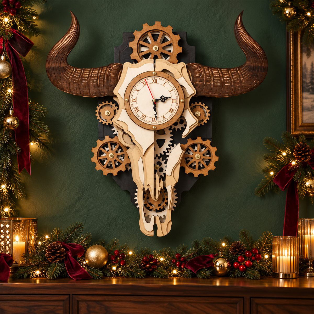 Wooden Bull Skull Gear Clock Kit in a Christmas setting