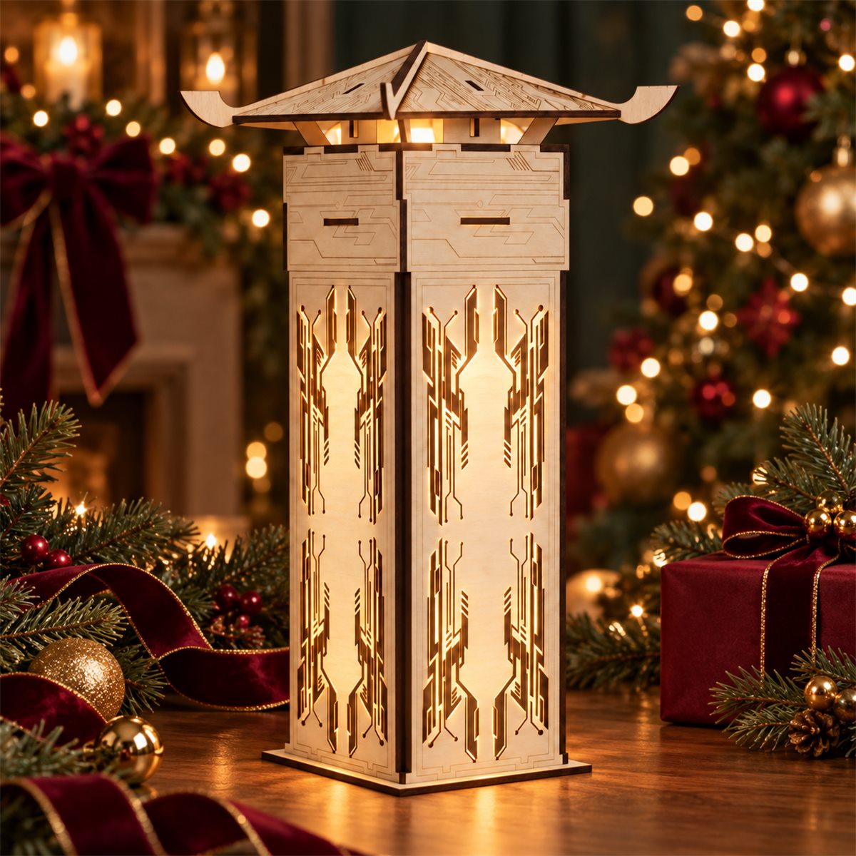 Faceted Wooden Lantern DIY Kit in a Christmas setting