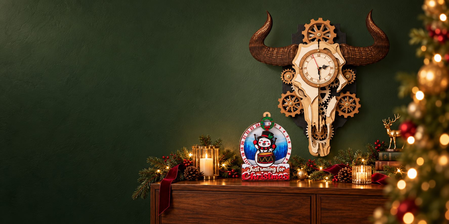 Wooden gear clock and snowman Christmas countdown displayed with evergreen garlands and warm festive lights