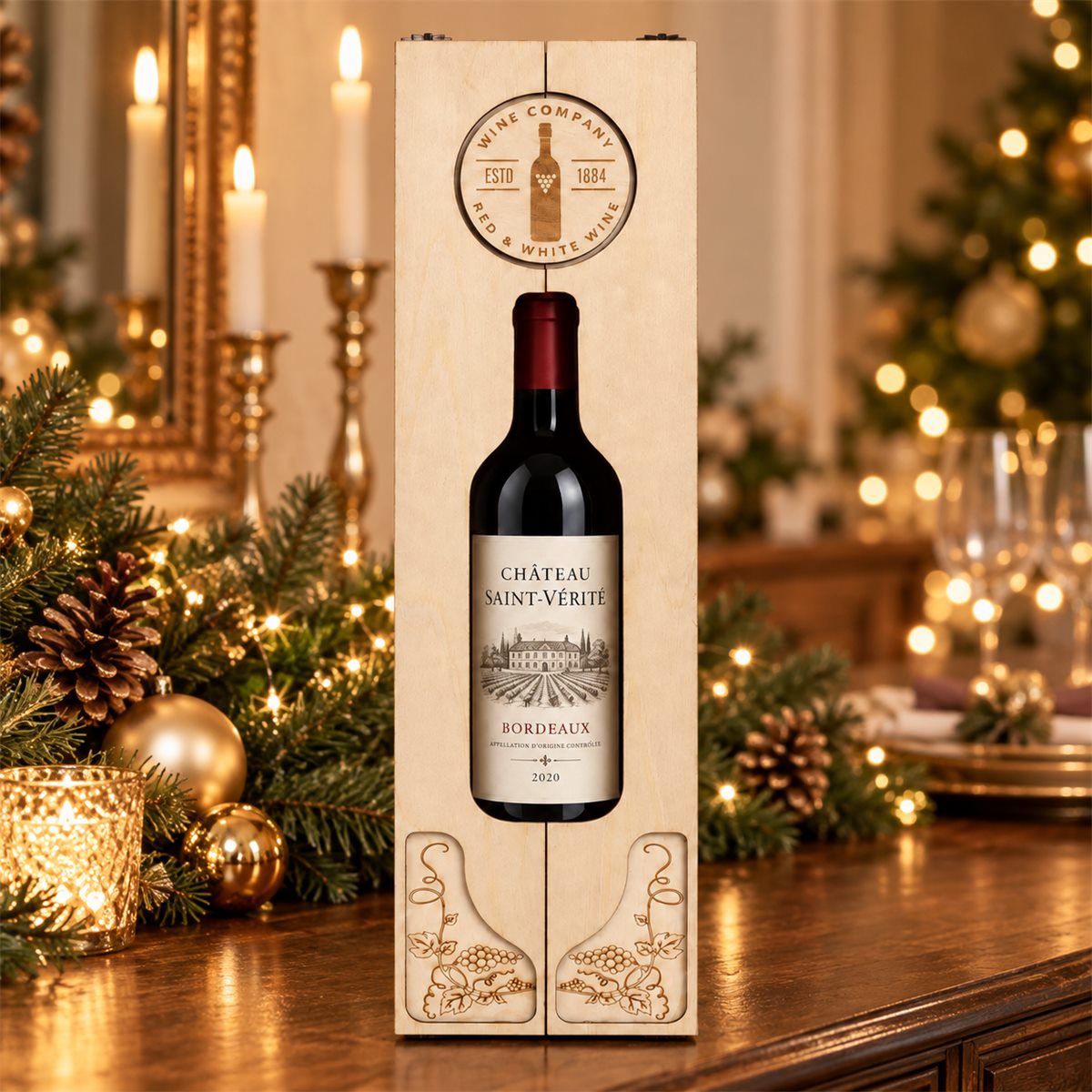 Engraved Double-Door Wooden Wine Box in a Christmas setting