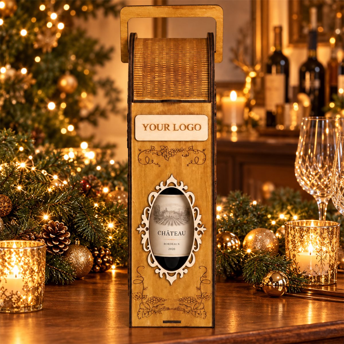 Roll-Top Wooden Wine Box with Carry Handle in a Christmas setting