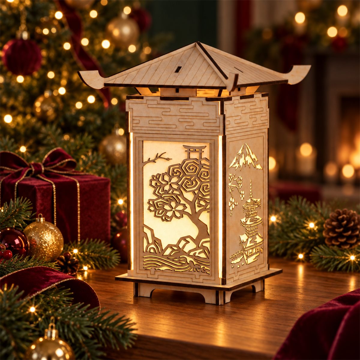 Wooden Pagoda Lantern DIY Model Kit in a Christmas setting