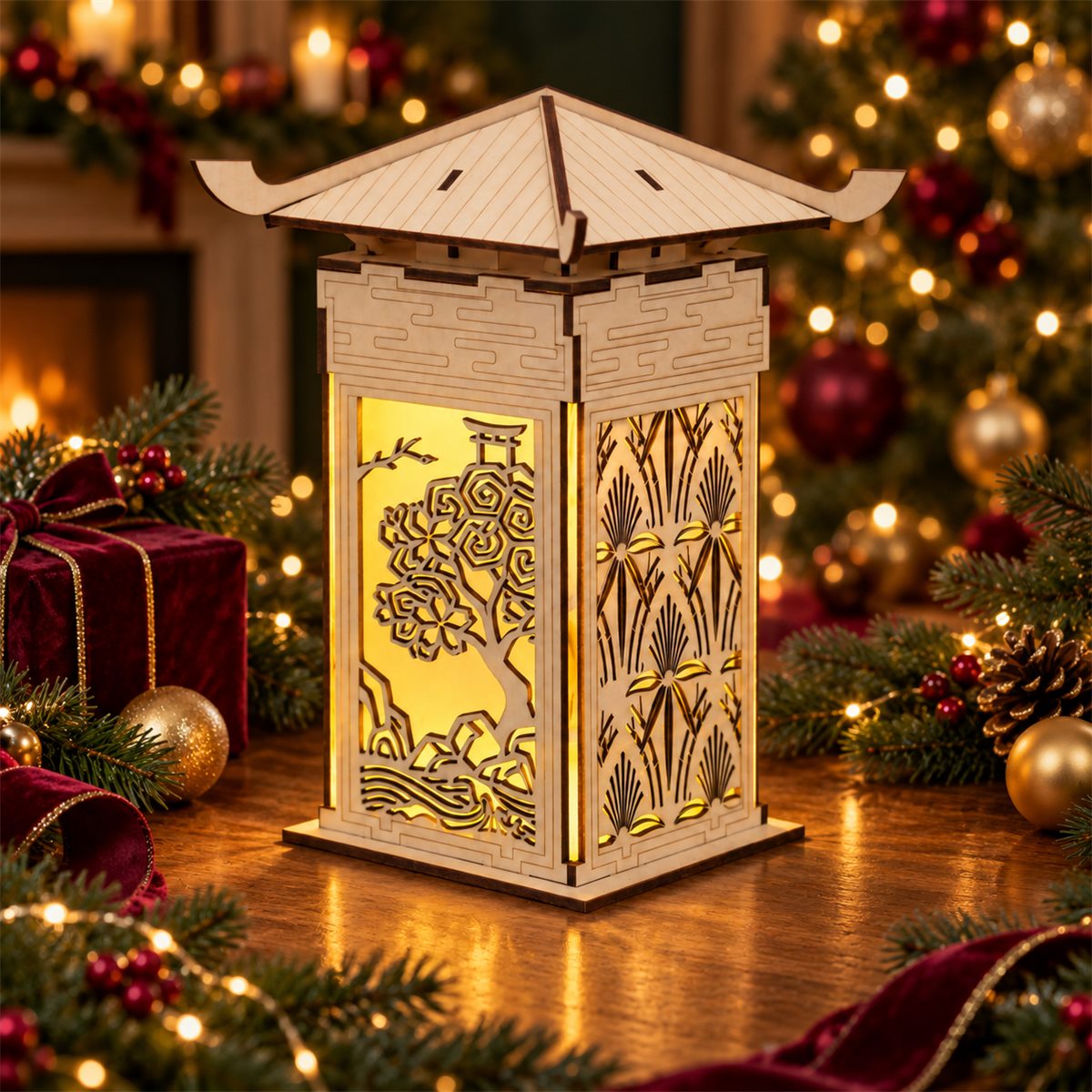 Pagoda Scene Wooden Lantern DIY Kit in a Christmas setting