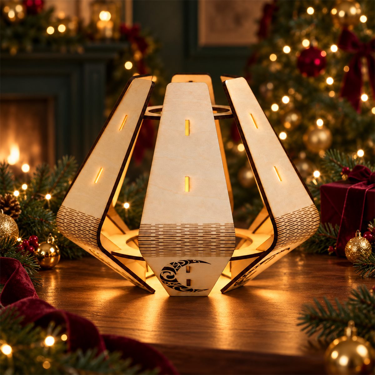 Slatted Glow Wooden Lantern DIY Kit in a Christmas setting