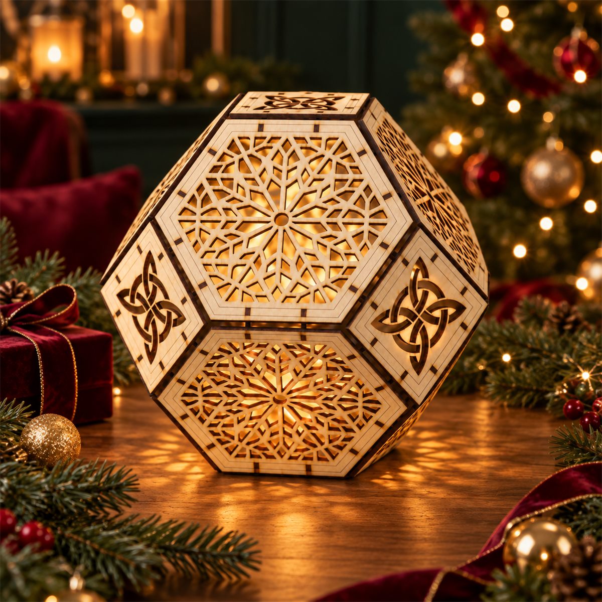 Tall Geometric Wooden Lantern DIY Kit in a Christmas setting