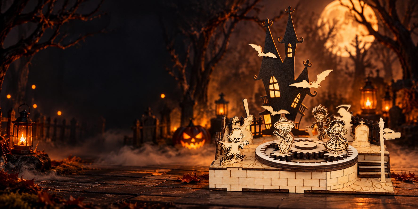 A wooden Gothic tower model glowing among carved trees and lanterns at night