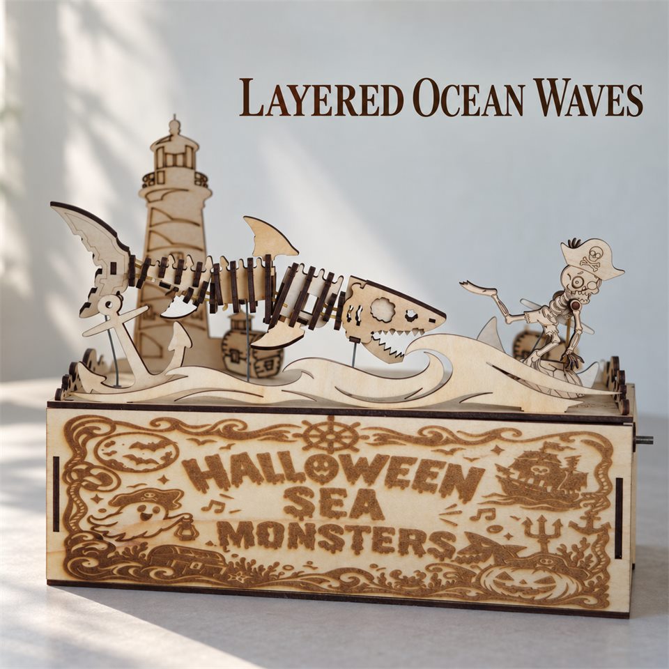 Halloween Sea Monsters Wooden DIY Model — Layered ocean waves