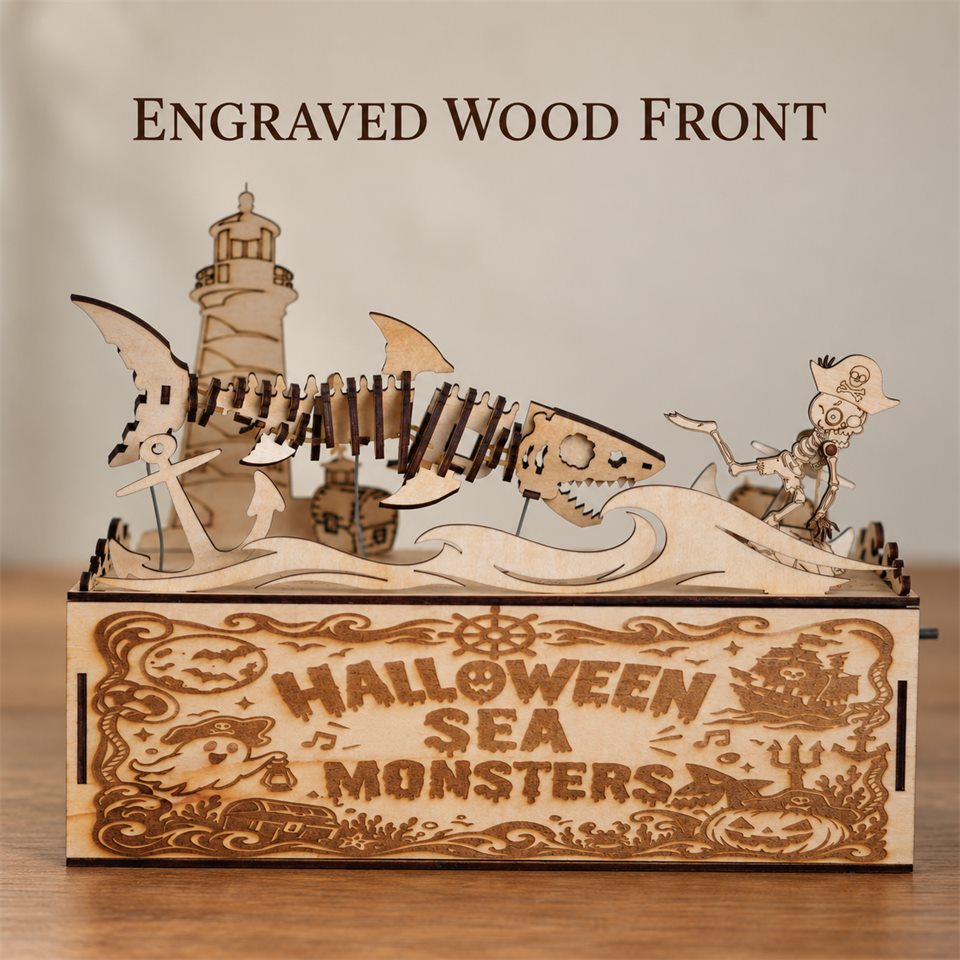 Halloween Sea Monsters Wooden DIY Model — Engraved wood front